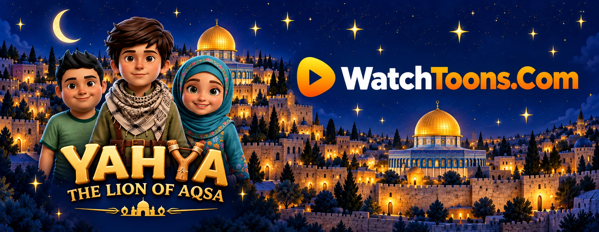 Yahya, Ismael and Fatima beneath a starry sky — The Lion of Aqsa, WatchToons.Com